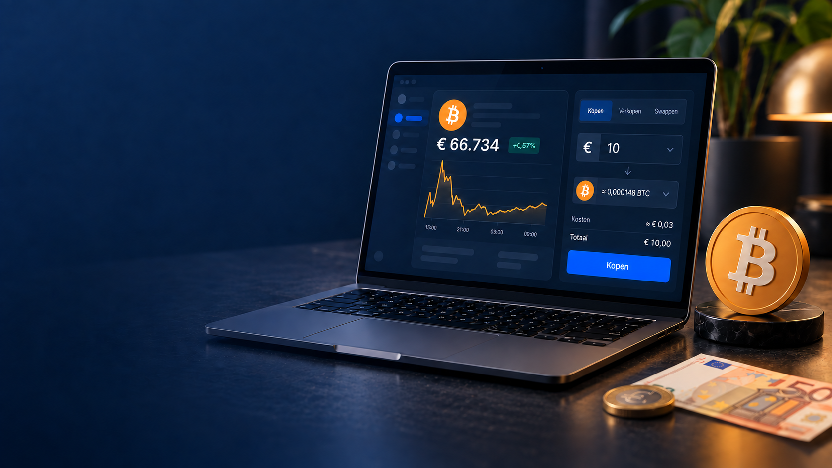 Laptop met een eenvoudige Bitcoin-aankoopomgeving en een Bitcoin-symbool