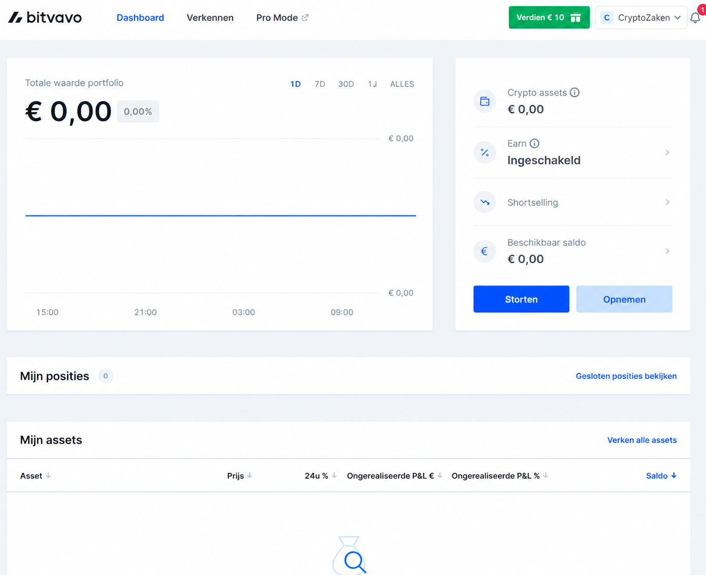 Bitvavo-dashboard na het inloggen