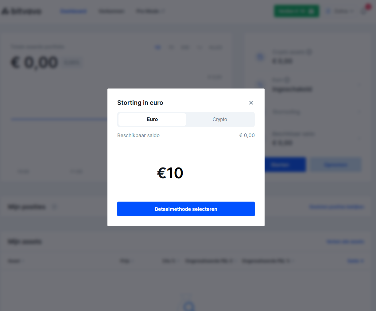 Een bedrag van tien euro storten op Bitvavo